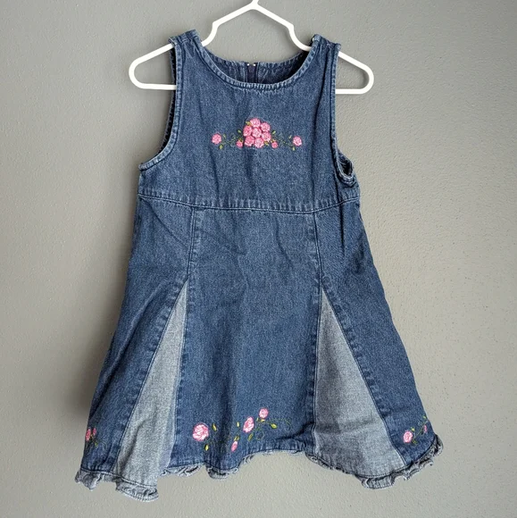 Vintage 3T Denim Cotton Dress With Stitched Pink Flowers. Vintage Denim Dress 3T - Picture 1 of 7